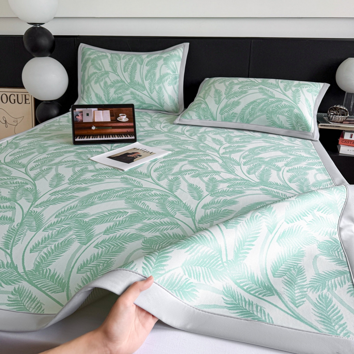 91家纺网 家纺一手货源 找家纺 倾慕家纺 2026新款PE50提花凉感冰丝凉席 针叶绿