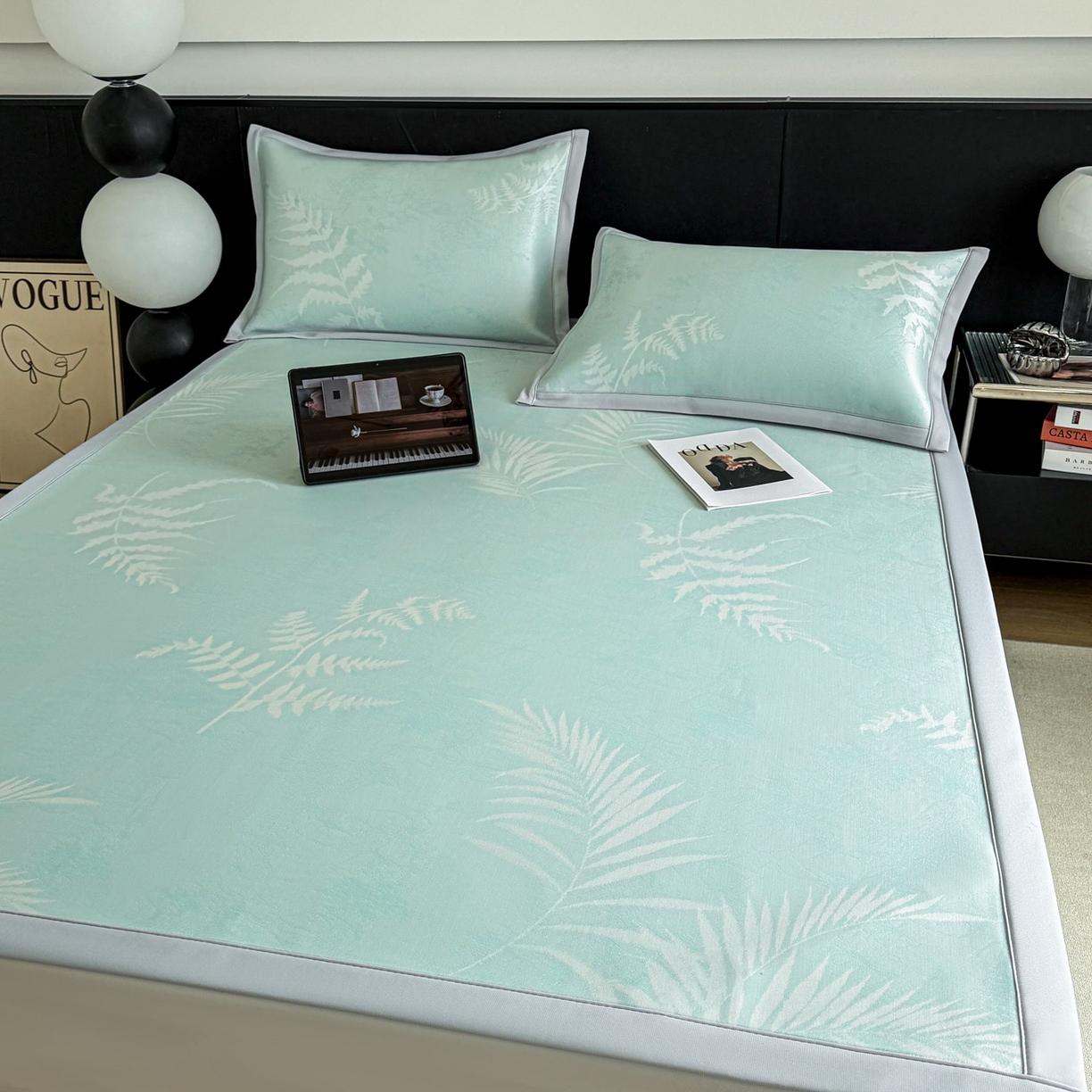 91家纺网 家纺一手货源 找家纺 倾慕家纺 2026新款PE50提花凉感冰丝凉席 叶繁绿