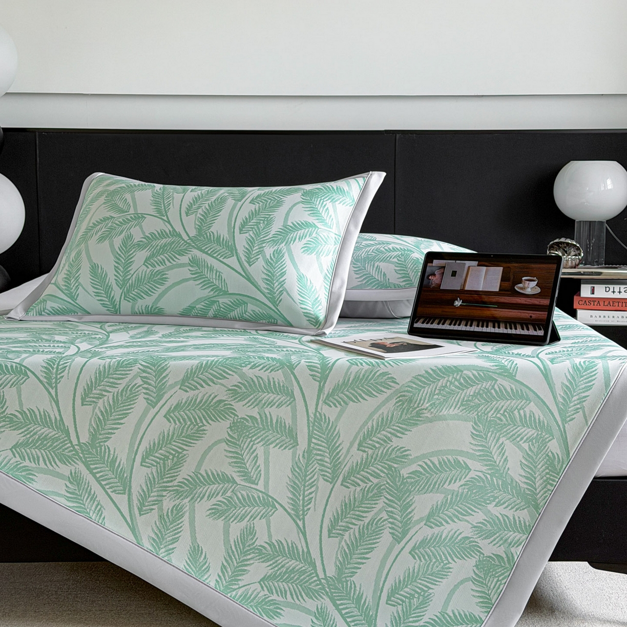 91家纺网 家纺一手货源 找家纺 倾慕家纺 2026新款PE50提花凉感冰丝凉席 针叶绿