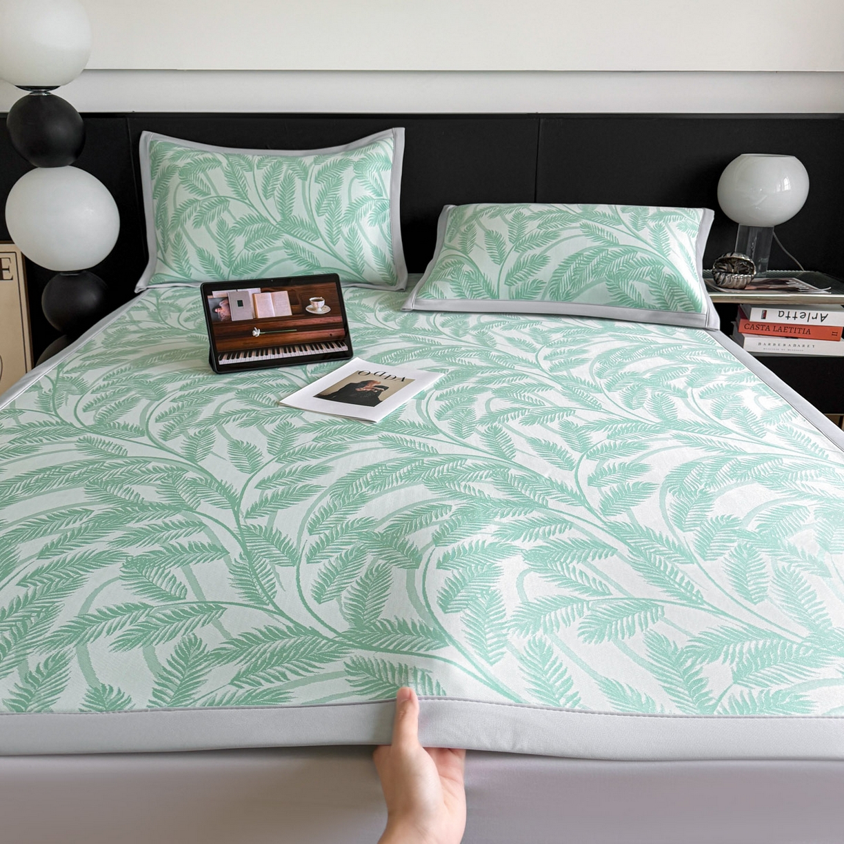 倾慕家纺 2026新款PE50提花凉感冰丝凉席 针叶绿