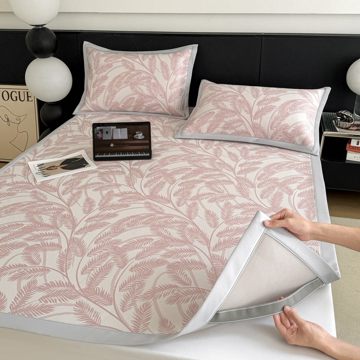 91家纺网 家纺一手货源 找家纺 倾慕家纺 2026新款PE50提花凉感冰丝凉席 针叶粉