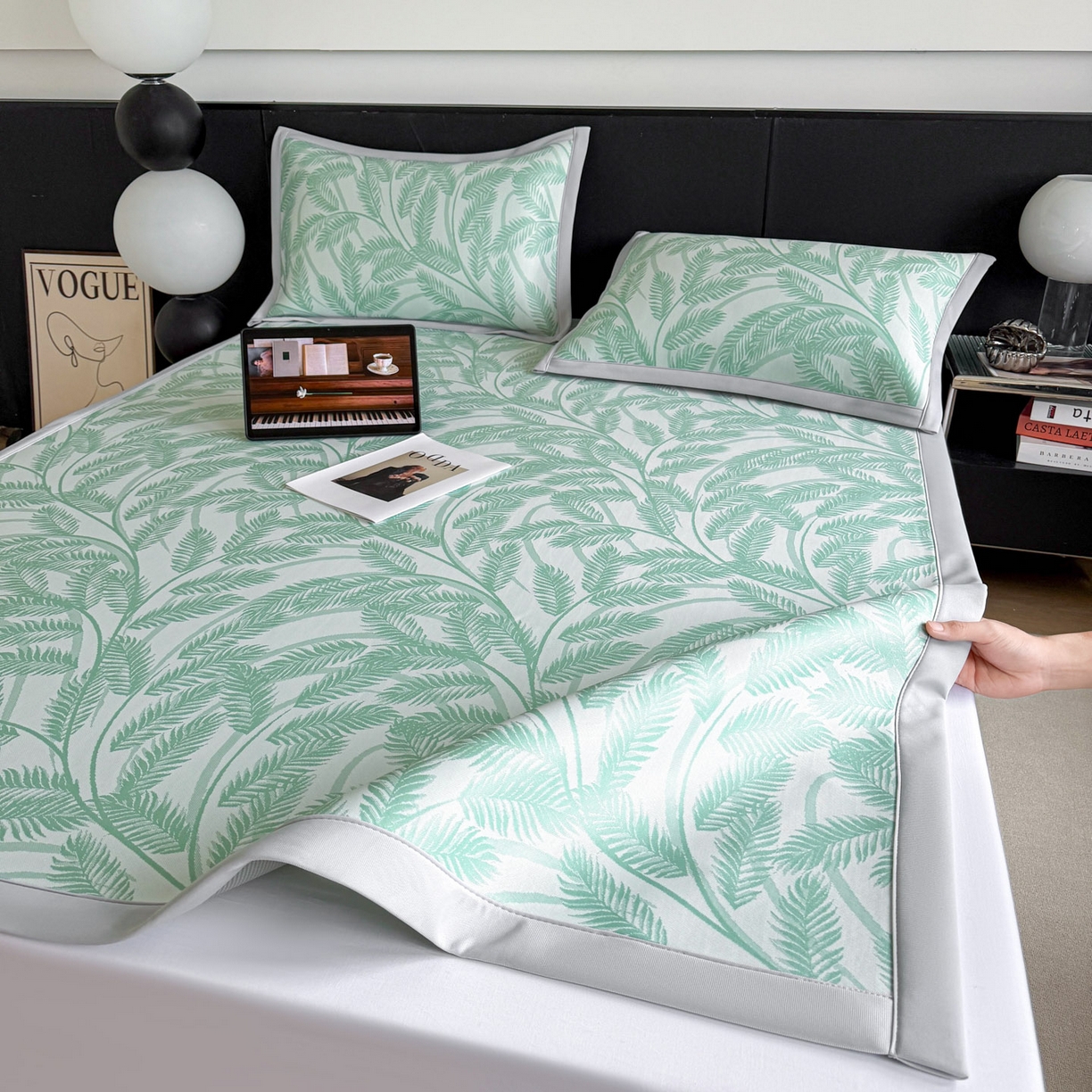 91家纺网 家纺一手货源 找家纺 倾慕家纺 2026新款PE50提花凉感冰丝凉席 针叶绿