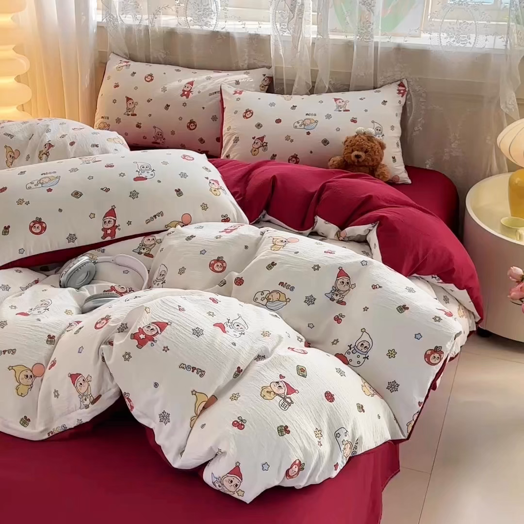 91家纺网 家纺一手货源 找家纺 侯先生家纺新款直播爆款云感双层纱皱皱纱四件套小清新水洗棉床笠 星雪人