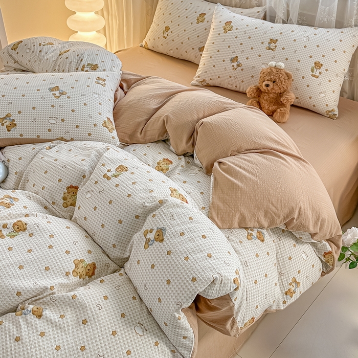 侯先生家纺新款直播爆款云感双层纱皱皱纱四件套小清新水洗棉床笠 幸运熊