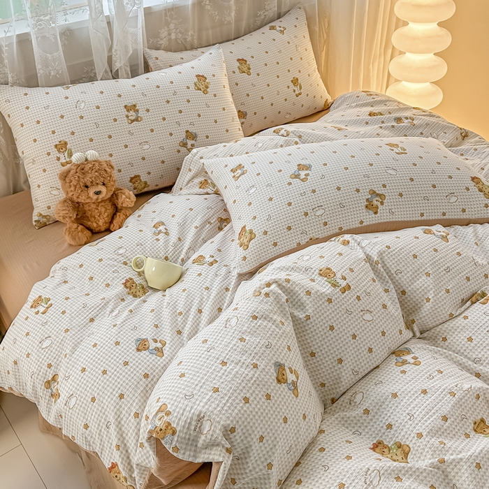 91家纺网 家纺一手货源 找家纺 侯先生家纺新款直播爆款云感双层纱皱皱纱四件套小清新水洗棉床笠 幸运熊