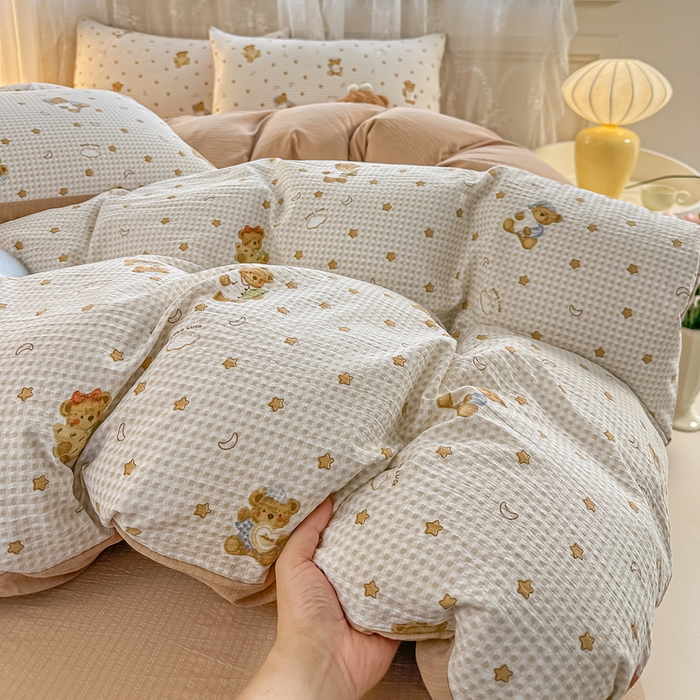 91家纺网 家纺一手货源 找家纺 侯先生家纺新款直播爆款云感双层纱皱皱纱四件套小清新水洗棉床笠 幸运熊