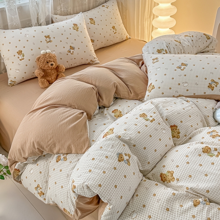 91家纺网 家纺一手货源 找家纺 侯先生家纺新款直播爆款云感双层纱皱皱纱四件套小清新水洗棉床笠 幸运熊