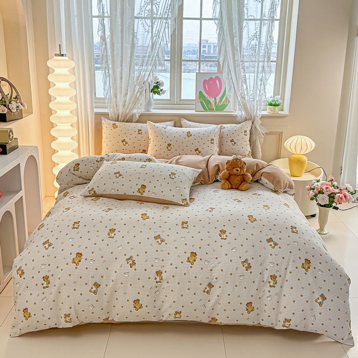 91家纺网 家纺一手货源 找家纺 侯先生家纺新款直播爆款云感双层纱皱皱纱四件套小清新水洗棉床笠 幸运熊