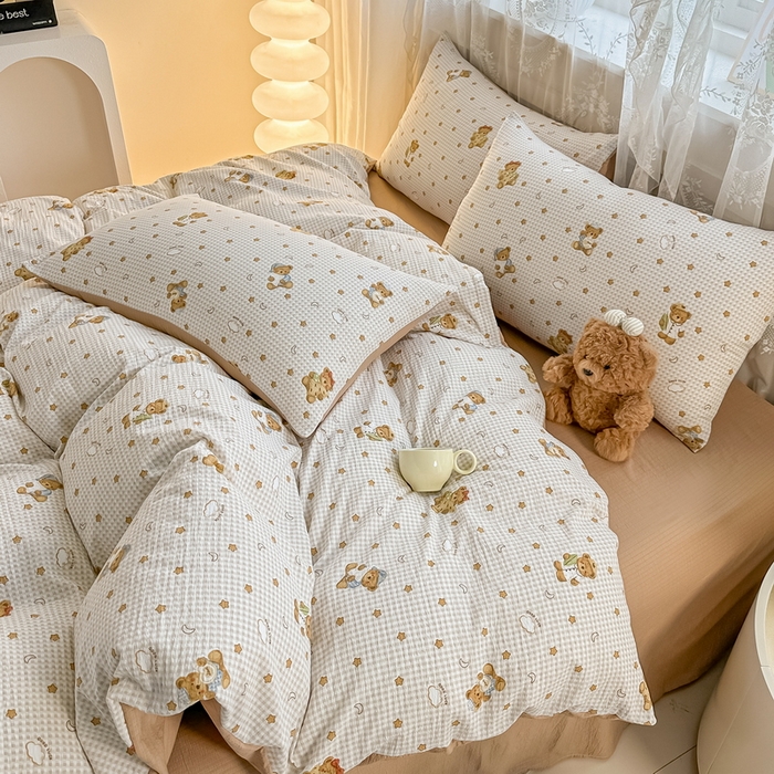 91家纺网 家纺一手货源 找家纺 侯先生家纺新款直播爆款云感双层纱皱皱纱四件套小清新水洗棉床笠 幸运熊