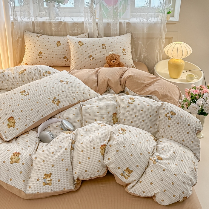 91家纺网 家纺一手货源 找家纺 侯先生家纺新款直播爆款云感双层纱皱皱纱四件套小清新水洗棉床笠 幸运熊