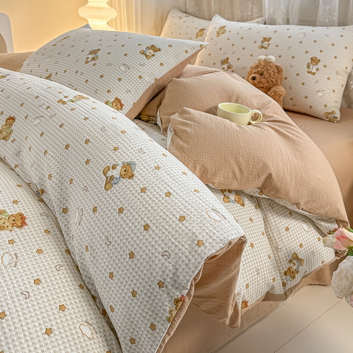 91家纺网 家纺一手货源 找家纺 侯先生家纺新款直播爆款云感双层纱皱皱纱四件套小清新水洗棉床笠 幸运熊