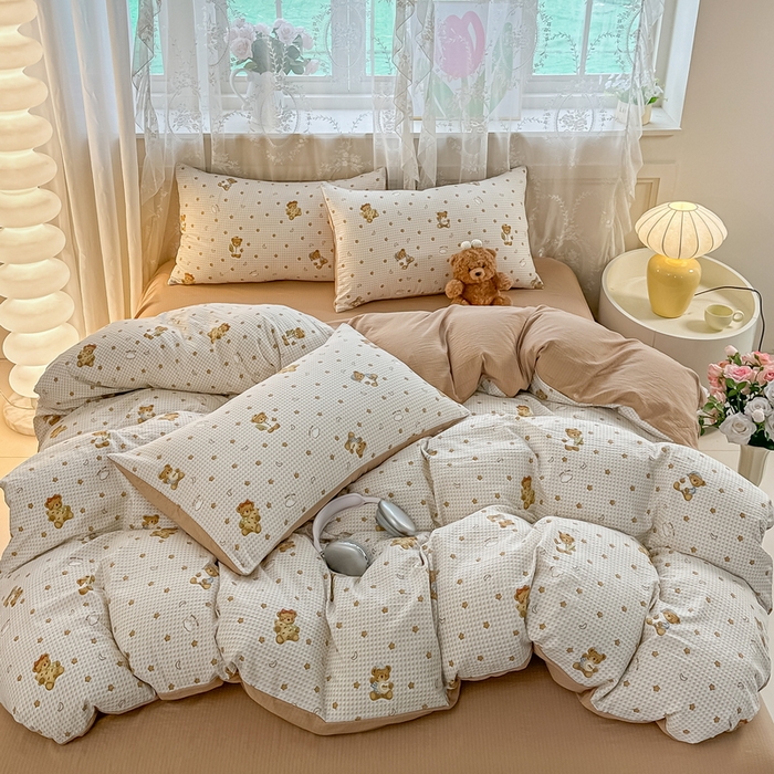 91家纺网 家纺一手货源 找家纺 侯先生家纺新款直播爆款云感双层纱皱皱纱四件套小清新水洗棉床笠 幸运熊