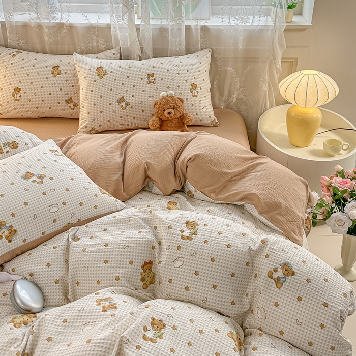 91家纺网 家纺一手货源 找家纺 侯先生家纺新款直播爆款云感双层纱皱皱纱四件套小清新水洗棉床笠 幸运熊