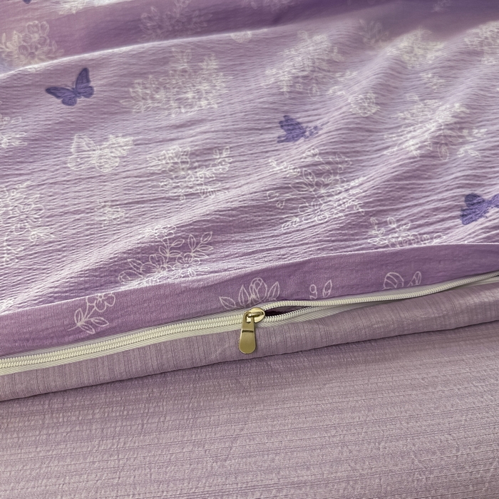 91家纺网 家纺一手货源 找家纺 侯先生家纺新款直播爆款云感双层纱皱皱纱四件套小清新水洗棉床笠 紫蝶漫舞