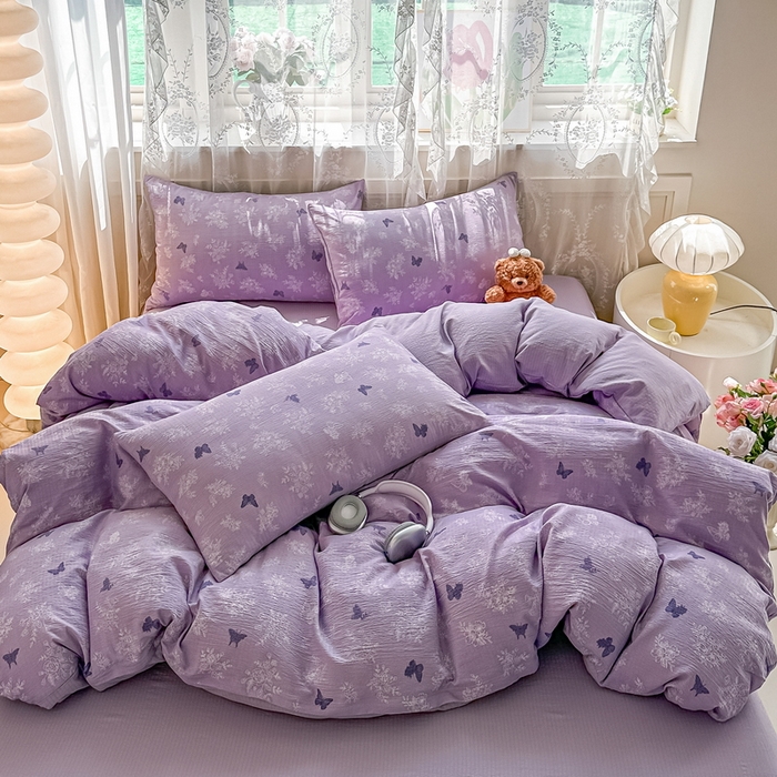 91家纺网 家纺一手货源 找家纺 侯先生家纺新款直播爆款云感双层纱皱皱纱四件套小清新水洗棉床笠 紫蝶漫舞