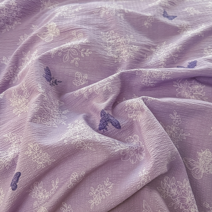 91家纺网 家纺一手货源 找家纺 侯先生家纺新款直播爆款云感双层纱皱皱纱四件套小清新水洗棉床笠 紫蝶漫舞