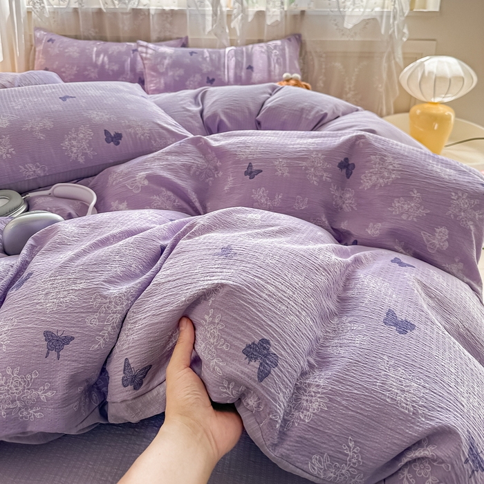 91家纺网 家纺一手货源 找家纺 侯先生家纺新款直播爆款云感双层纱皱皱纱四件套小清新水洗棉床笠 紫蝶漫舞