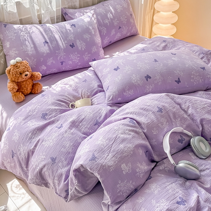 91家纺网 家纺一手货源 找家纺 侯先生家纺新款直播爆款云感双层纱皱皱纱四件套小清新水洗棉床笠 紫蝶漫舞