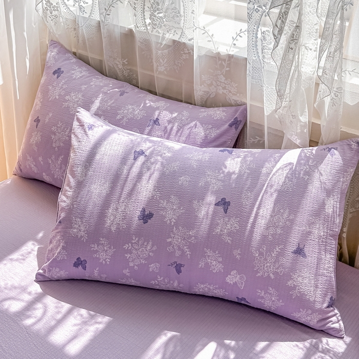 91家纺网 家纺一手货源 找家纺 侯先生家纺新款直播爆款云感双层纱皱皱纱四件套小清新水洗棉床笠 紫蝶漫舞