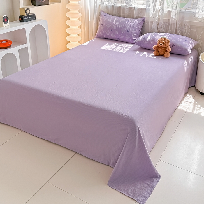 91家纺网 家纺一手货源 找家纺 侯先生家纺新款直播爆款云感双层纱皱皱纱四件套小清新水洗棉床笠 紫蝶漫舞