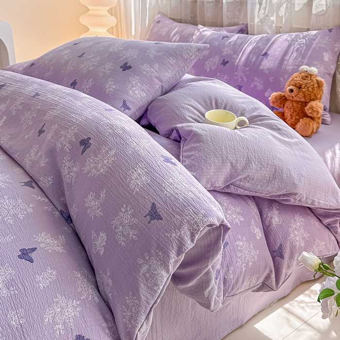 91家纺网 家纺一手货源 找家纺 侯先生家纺新款直播爆款云感双层纱皱皱纱四件套小清新水洗棉床笠 紫蝶漫舞