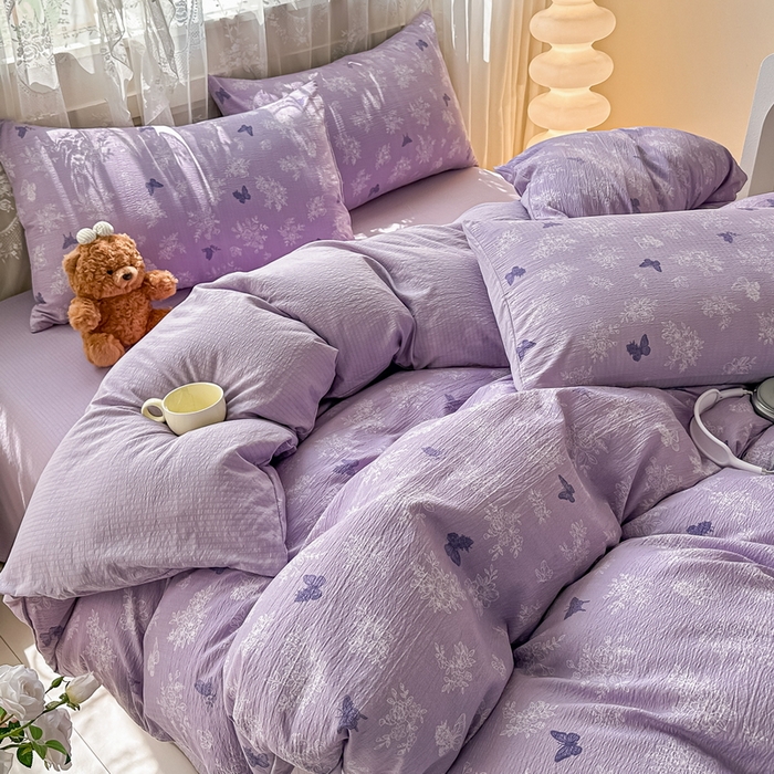 91家纺网 家纺一手货源 找家纺 侯先生家纺新款直播爆款云感双层纱皱皱纱四件套小清新水洗棉床笠 紫蝶漫舞
