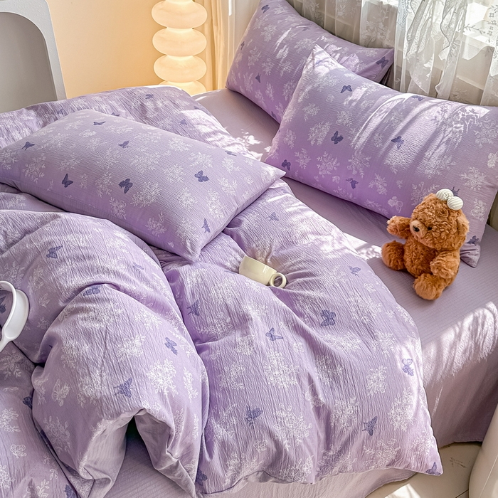 91家纺网 家纺一手货源 找家纺 侯先生家纺新款直播爆款云感双层纱皱皱纱四件套小清新水洗棉床笠 紫蝶漫舞