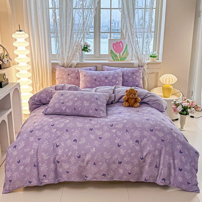 91家纺网 家纺一手货源 找家纺 侯先生家纺新款直播爆款云感双层纱皱皱纱四件套小清新水洗棉床笠 紫蝶漫舞