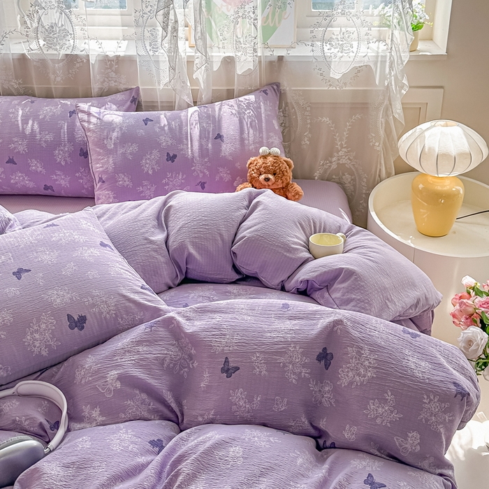 91家纺网 家纺一手货源 找家纺 侯先生家纺新款直播爆款云感双层纱皱皱纱四件套小清新水洗棉床笠 紫蝶漫舞