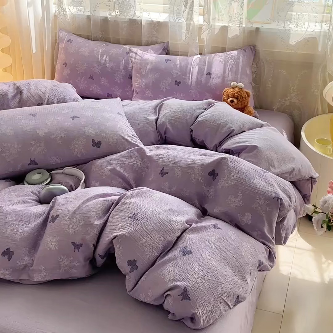 91家纺网 家纺一手货源 找家纺 侯先生家纺新款直播爆款云感双层纱皱皱纱四件套小清新水洗棉床笠 紫蝶漫舞