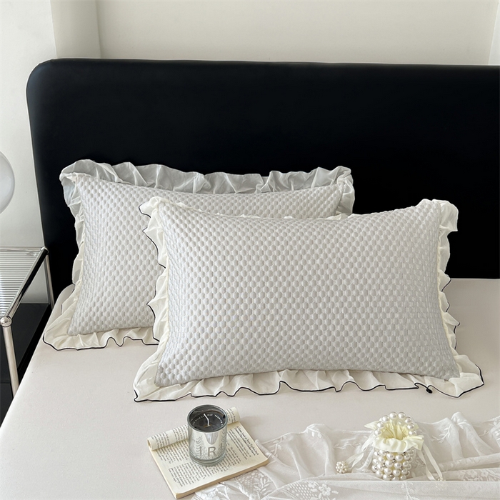 91家纺网 家纺一手货源 找家纺 圣比熊 2026新款A类凉感冰豆豆凉席花边枕套宿舍一只装枕头套一对枕芯套 凉豆豆-海盐灰