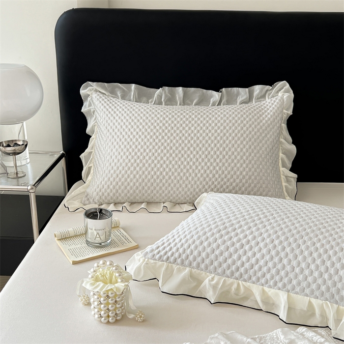 91家纺网 家纺一手货源 找家纺 圣比熊 2026新款A类凉感冰豆豆凉席花边枕套宿舍一只装枕头套一对枕芯套 凉豆豆-海盐灰