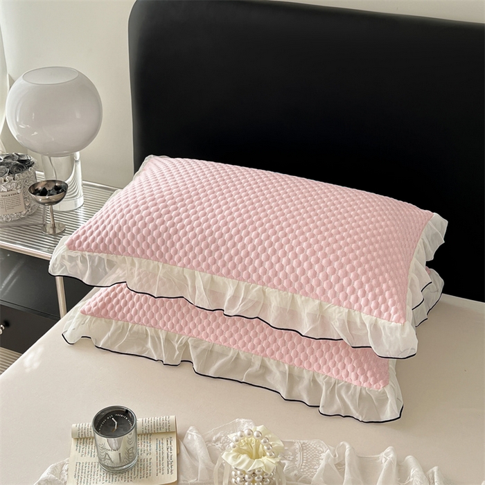 91家纺网 家纺一手货源 找家纺 圣比熊 2026新款A类凉感冰豆豆凉席花边枕套宿舍一只装枕头套一对枕芯套 凉豆豆-仙气粉