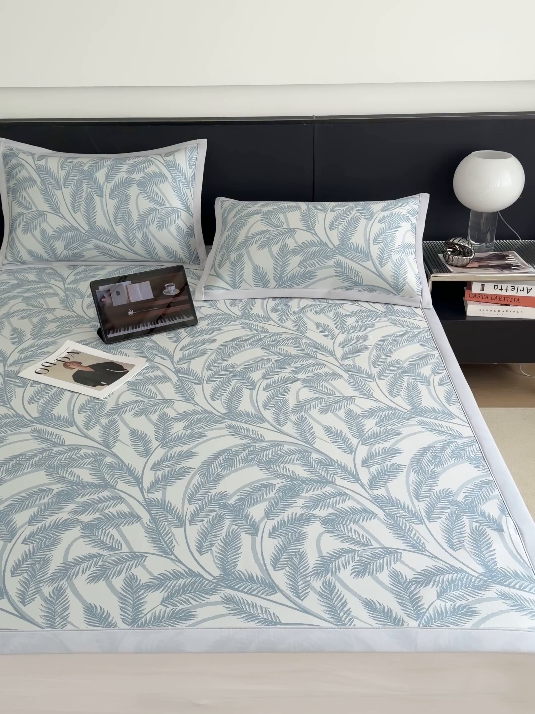 91家纺网 家纺一手货源 找家纺 倾慕家纺 2026新款PE50提花凉感冰丝凉席 针叶蓝