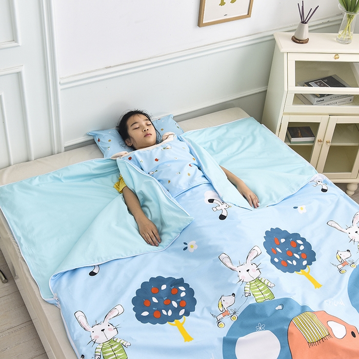 91家纺网 家纺一手货源 找家纺 萌朵防踢被 2025新款纯棉儿童防踢被儿童睡袋（大豆被芯） 小兔说象蓝