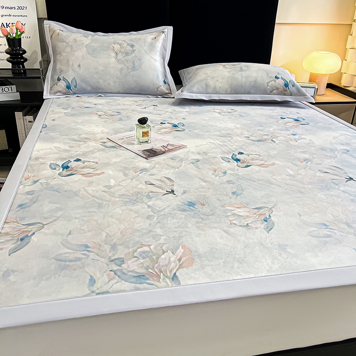 91家纺网 家纺一手货源 找家纺 倾慕家纺 2026新款A类数码印花冰泉丝凉席 玉兰雅韵蓝