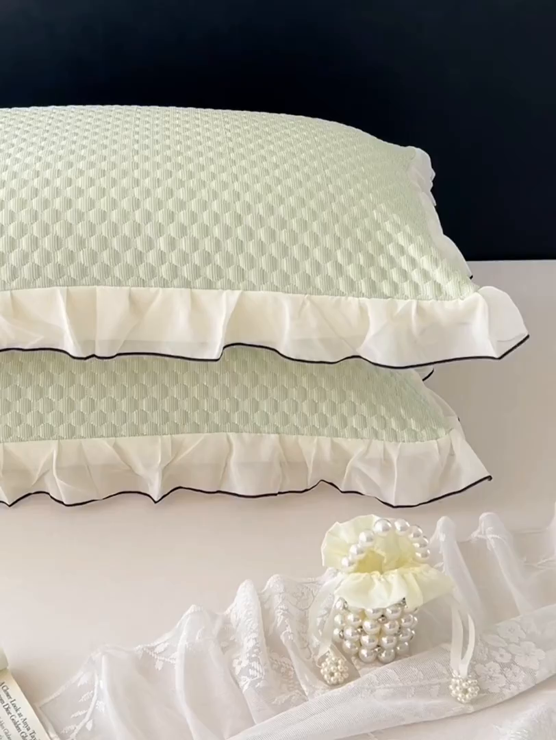 91家纺网 家纺一手货源 找家纺 梦舒羽 2026新款A类凉感冰豆豆凉席花边枕套宿舍一只装枕头套一对枕芯套 凉豆豆-清澈绿