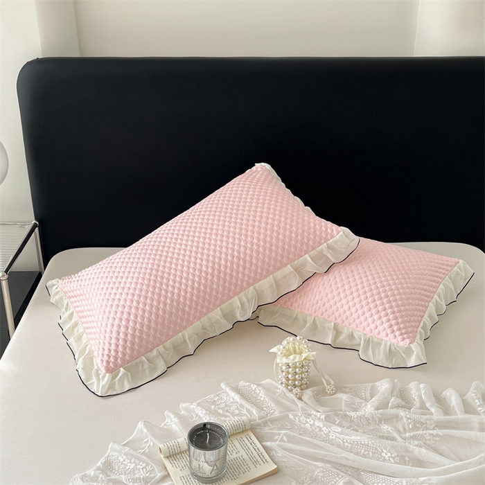 91家纺网 家纺一手货源 找家纺 梦舒羽 2026新款A类凉感冰豆豆凉席花边枕套宿舍一只装枕头套一对枕芯套 凉豆豆-仙气粉