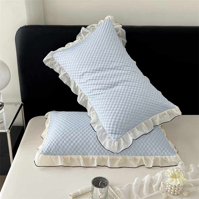 91家纺网 家纺一手货源 找家纺 梦舒羽 2026新款A类凉感冰豆豆凉席花边枕套宿舍一只装枕头套一对枕芯套 凉豆豆-宝石蓝