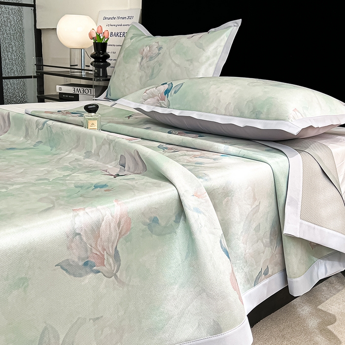 91家纺网 家纺一手货源 找家纺 倾慕家纺 2026新款A类数码印花冰泉丝凉席 玉兰雅韵青