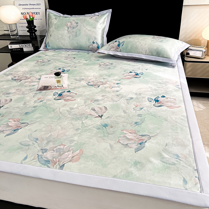 91家纺网 家纺一手货源 找家纺 倾慕家纺 2026新款A类数码印花冰泉丝凉席 玉兰雅韵青