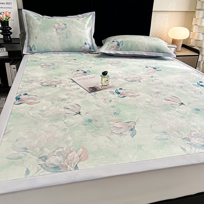 91家纺网 家纺一手货源 找家纺 倾慕家纺 2026新款A类数码印花冰泉丝凉席 玉兰雅韵青