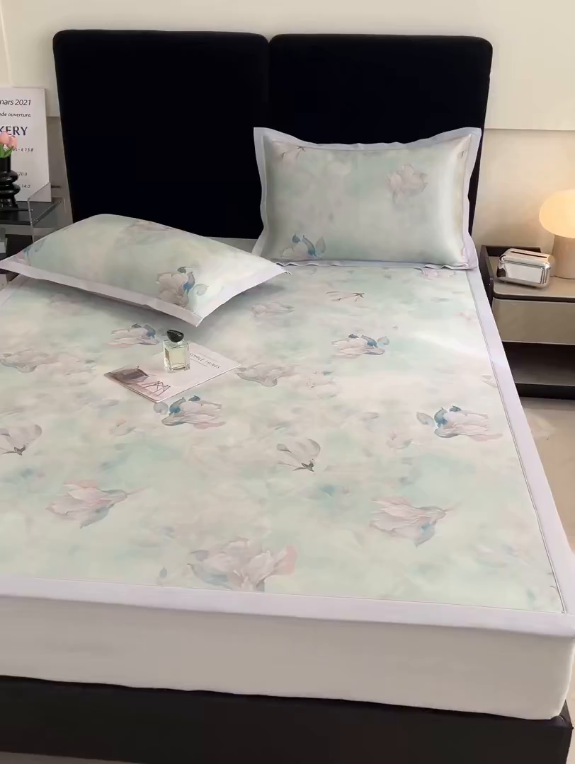 91家纺网 家纺一手货源 找家纺 倾慕家纺 2026新款A类数码印花冰泉丝凉席 玉兰雅韵青