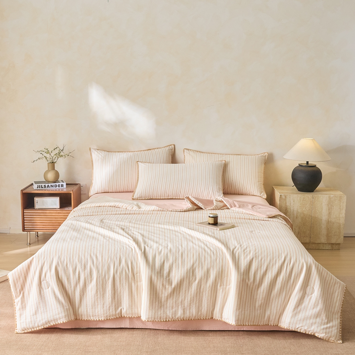 91家纺网 家纺一手货源 找家纺 （总）如一 2026新款全棉色织水洗棉条纹三角针夏被四件套