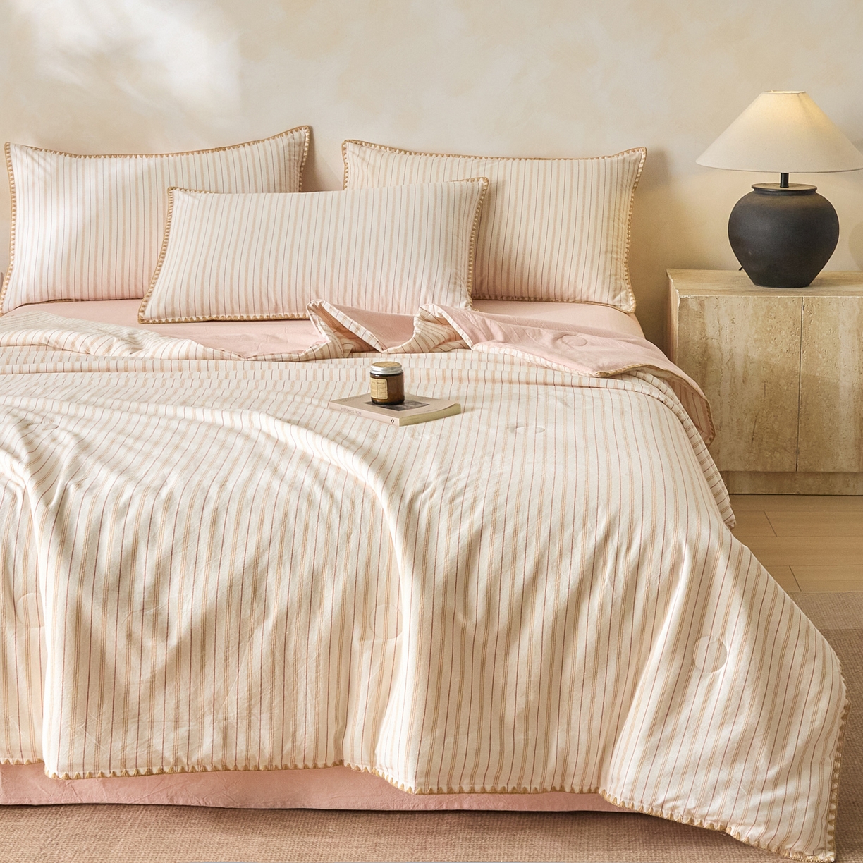 91家纺网 家纺一手货源 找家纺 （总）如一 2026新款全棉色织水洗棉条纹三角针夏被四件套