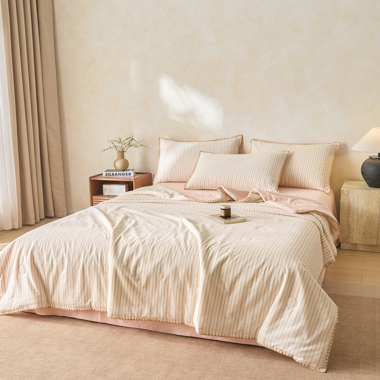 91家纺网 家纺一手货源 找家纺 （总）如一 2026新款全棉色织水洗棉条纹三角针夏被四件套