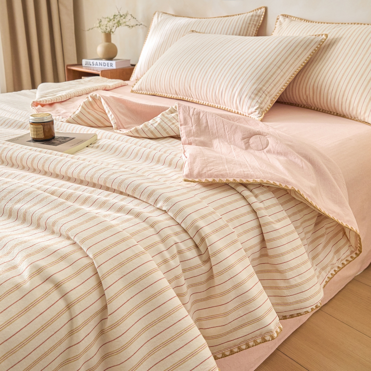 91家纺网 家纺一手货源 找家纺 （总）如一 2026新款全棉色织水洗棉条纹三角针夏被四件套