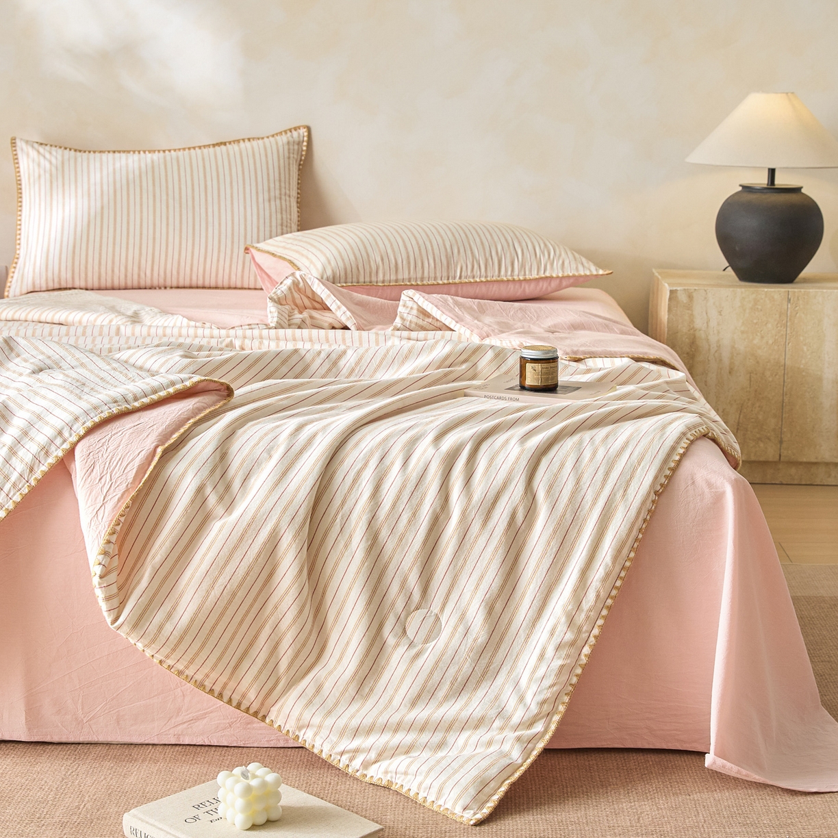 91家纺网 家纺一手货源 找家纺 （总）如一 2026新款全棉色织水洗棉条纹三角针夏被四件套