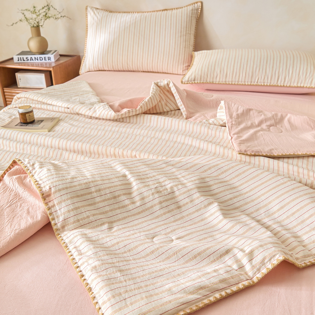 91家纺网 家纺一手货源 找家纺 （总）如一 2026新款全棉色织水洗棉条纹三角针夏被四件套