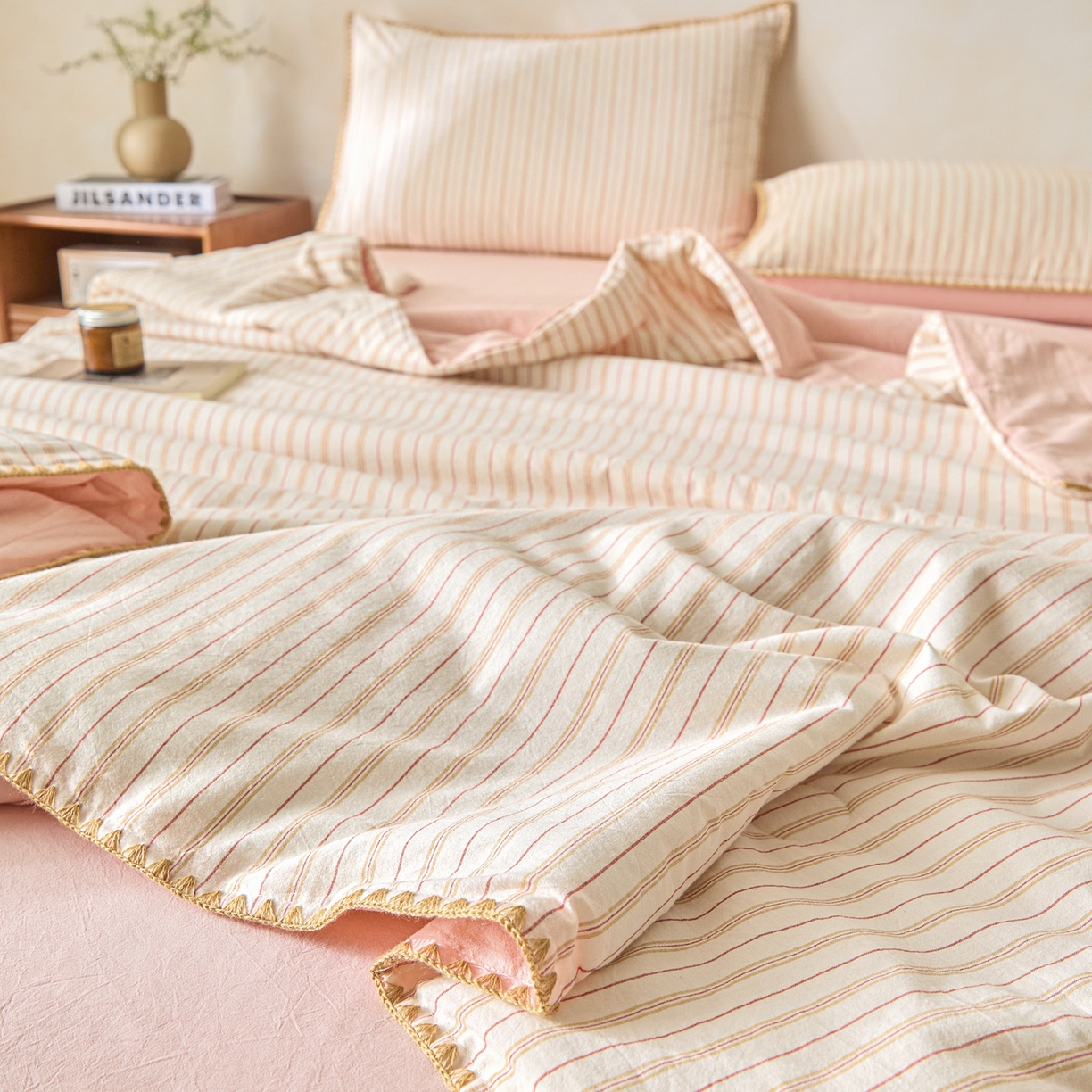 91家纺网 家纺一手货源 找家纺 （总）如一 2026新款全棉色织水洗棉条纹三角针夏被四件套